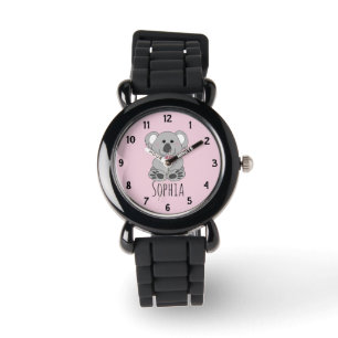 Girls Cute Koala Bear Cartoon Flowers & Name Kids Watch