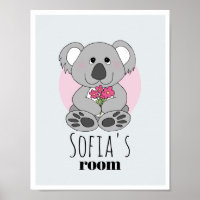 Girls Cute Koala Bear Cartoon & Name Kids Room