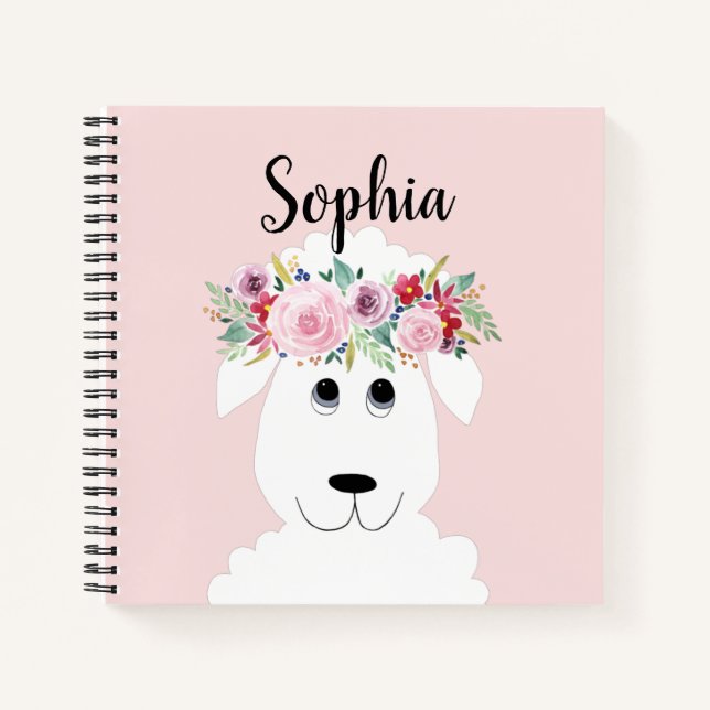 Girls Cute Lamb Watercolor Flowers and Name Notebook (Front)