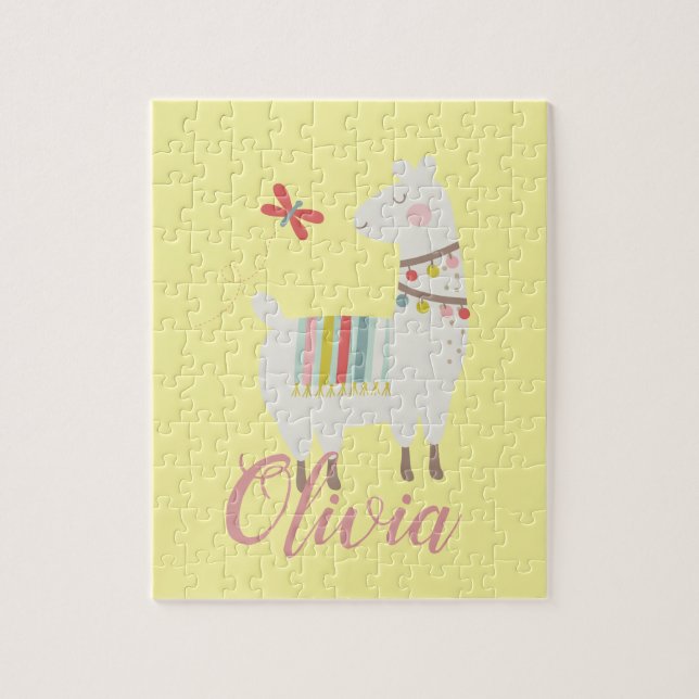 Girls Cute Llama Personalised Name Kids Jigsaw Puzzle (Vertical)