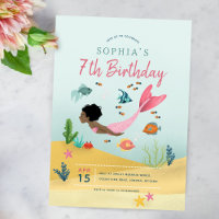 Girls Cute Magical Afro Mermaid 7th Birthday