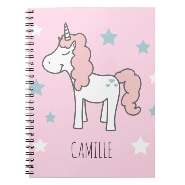 Girls Cute Magical Pink Unicorn Kids School Notebook (Front)