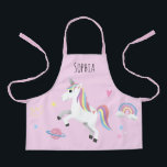 Girls Cute Magical Pink Unicorn & Name Kids Apron<br><div class="desc">This cute and whimsical pink kids apron design features a unicorn cartoon,  planet,  stars,  a crown,  a rainbow and heart,  and can be personalised with your girls name. The perfect magical gift for your little chef or gardener!</div>