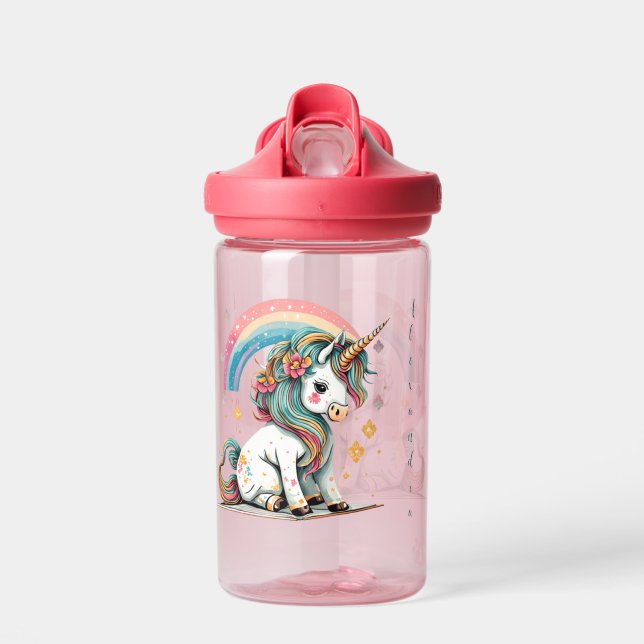 Girls Cute Magical Purple Unicorn and Rainbow  Water Bottle (Front)