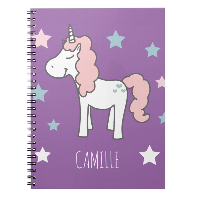 Girls Cute Magical Purple Unicorn Kids School Notebook (Front)