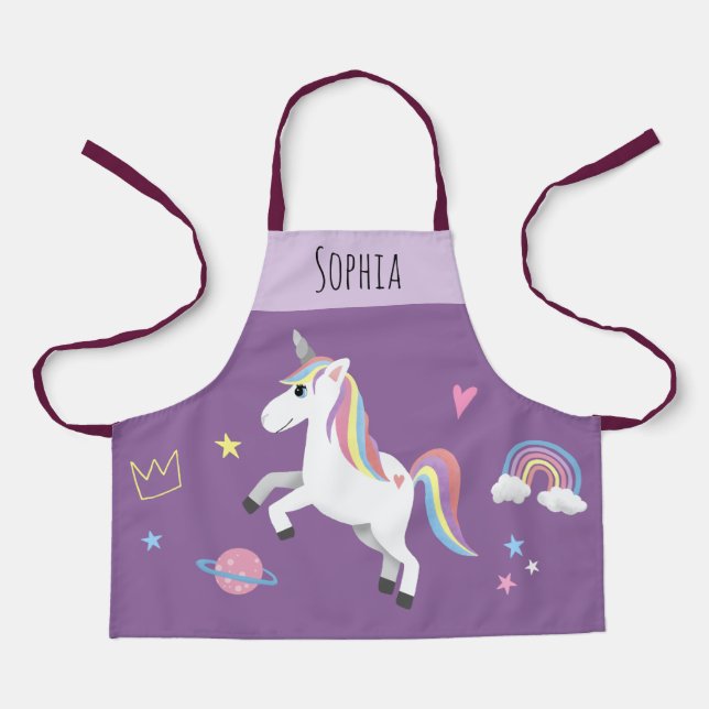 Girls Cute Magical Purple Unicorn & Name Kids Apron (Front)