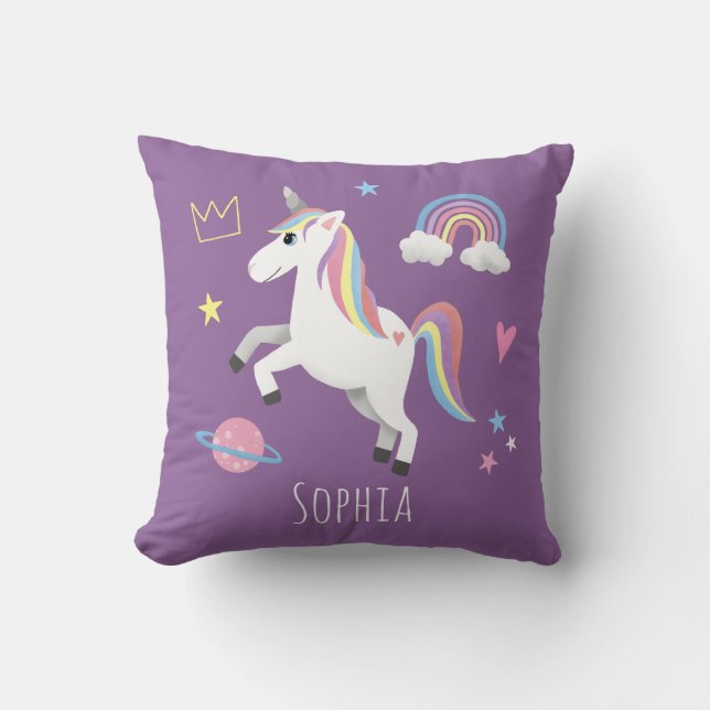 Girls Cute Magical Purple Unicorn & Name Kids Cushion (Front)