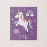 Girls Cute Magical Purple Unicorn & Name Kids Jigsaw Puzzle<br><div class="desc">This cute and modern kids puzzle design features a purple unicorn cartoon,  with a rainbow,  princess crown,  heart,  stars and planet,  and can be personalised with your girls name. The perfect magical and girly gift for any unicorn lover!</div>