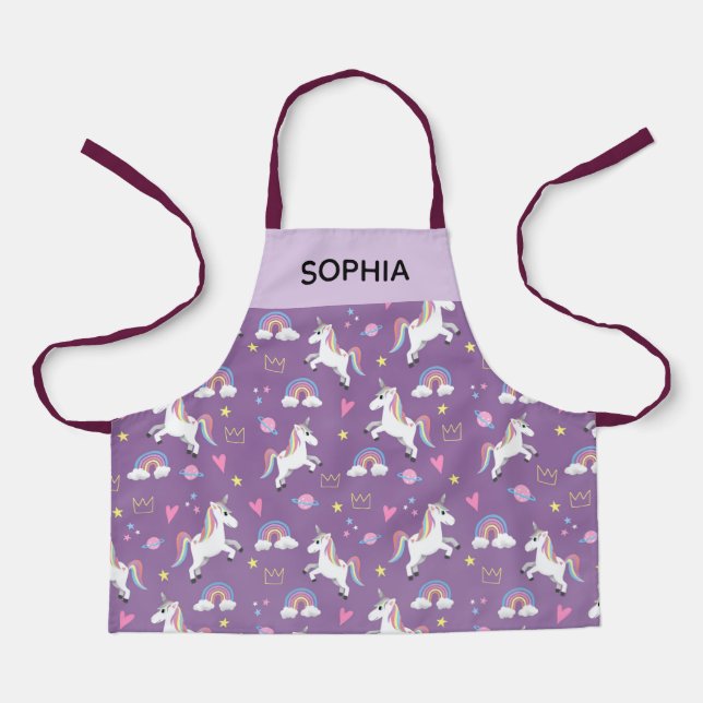 Girls Cute Magical Purple Unicorn Pattern Kids Apron (Front)