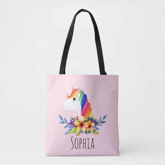 Girls Cute Magical Rainbow Unicorn and Name Kids Tote Bag (Front)