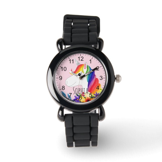 Girls Cute Magical Rainbow Unicorn and Name Kids Watch (Front)