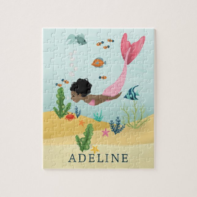 Girls Cute Magical Under the Sea Afro Mermaid Kids Jigsaw Puzzle (Vertical)