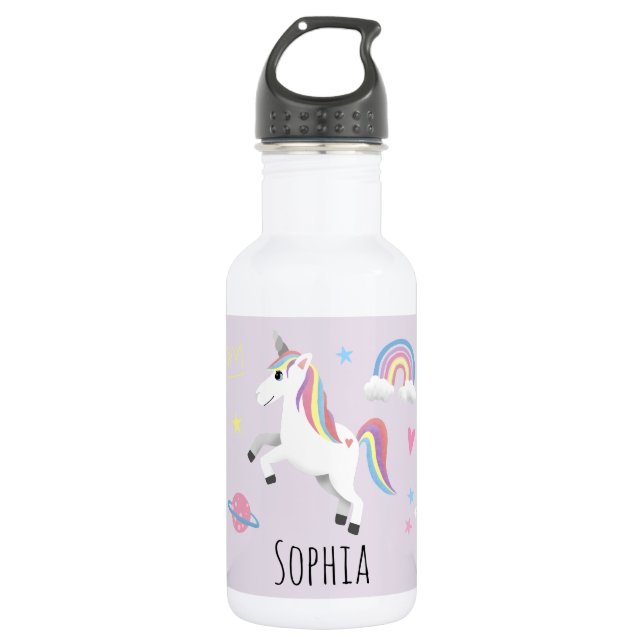 Girls Cute Magical Unicorn, Rainbow & Stars Kids 532 Ml Water Bottle (Front)