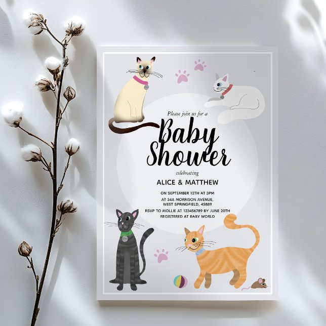 Girls Cute Modern Cat Cartoon Baby Shower Invitation (Creator Uploaded)