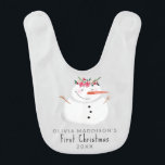 Girls Cute Modern First Christmas Snowman Bib<br><div class="desc">This cute and simple 1st Christmas baby bib design features a chic watercolor-style snowman wearing a Christmassy winter garland (watercolor flowers),  as well as space for you to add your baby girl's name. The perfect winter keepsake for you little one this Christmas.</div>