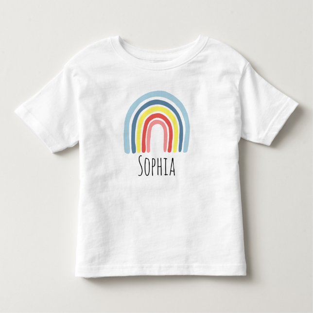 Girls Cute Modern Magical Rainbow Cartoon & Name Toddler T-Shirt (Front)