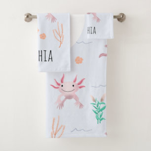 Girls Cute & Modern Pink Axolotl Pattern Kids Bath Towel Set