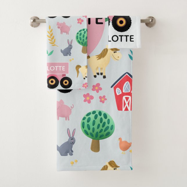 Girls Cute & Modern Pink Farm Tractor Pattern Kids Bath Towel Set (Insitu)