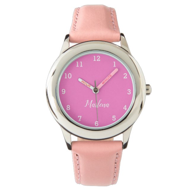 Girls Cute Modern Pink Stylish Custom Name Kids Watch (Front)