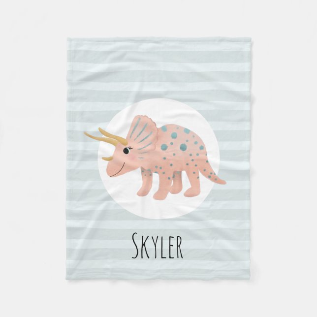 Girls Cute Modern Pink Triceratops Dinosaur Kids Fleece Blanket (Front)