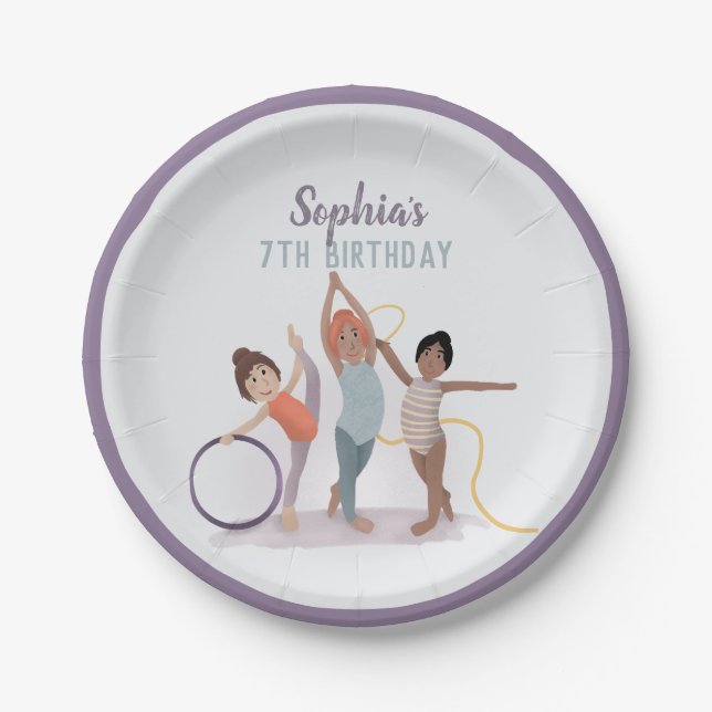 Girls Cute Modern Purple Gymnastics Kids Birthday Paper Plate (Front)