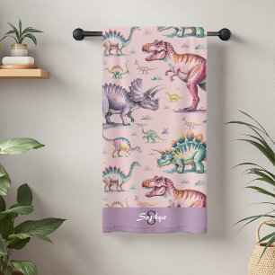 Girls Cute Monogram Dinosaur & Name Kids Bath Towel