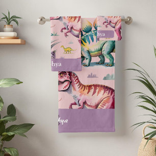 Girls Cute Monogram Dinosaur & Name Kids Bath Towel Set