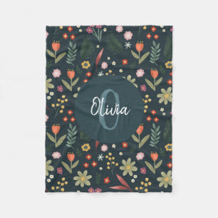 Girls Cute Navy Blue Modern Botanical Flowers Kids Fleece Blanket