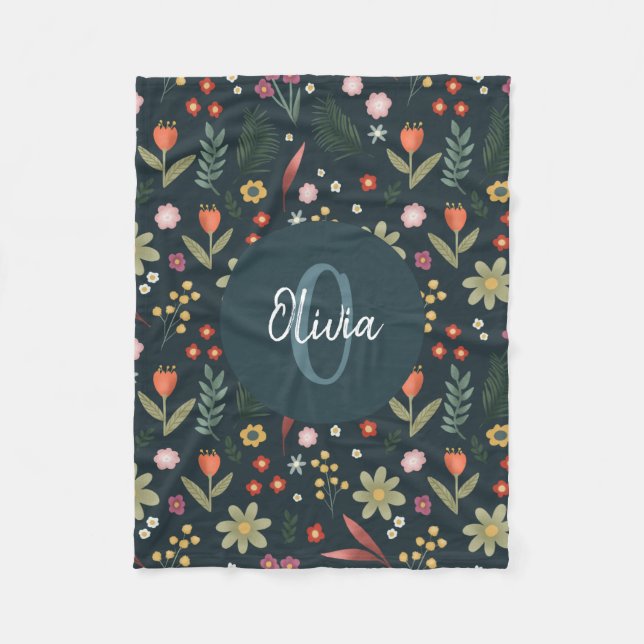 Girls Cute Navy Blue Modern Botanical Flowers Kids Fleece Blanket (Front)