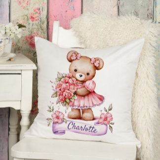 Girls Cute Nursery Throw Pillow With A Teddy Bear