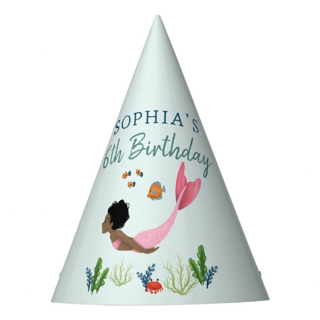 Girls Cute Ocean Pink Mermaid Kids Birthday Party Hat (Front)