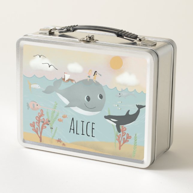 Girls Cute Ocean Sea Whale Kids School Metal Lunch Box (Front)