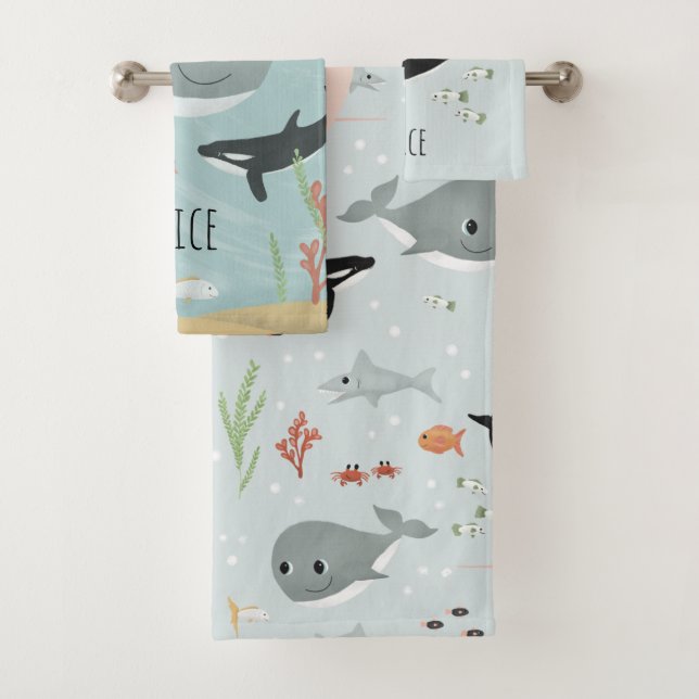 Girls Cute Ocean Whale and Sea Pattern Kids Bath T Towel Set (Insitu)