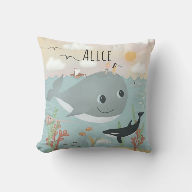 Girls Cute Ocean Whale Illustration Kids Cushion (Front)
