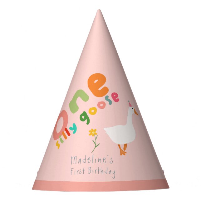 Girls Cute One Silly Goose Pink First Birthday Party Hat (Front)