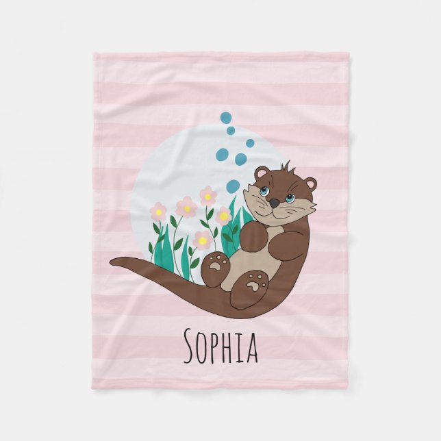 Girls Cute Otter Cartoon Flowers and Name Kids Fleece Blanket (Front)