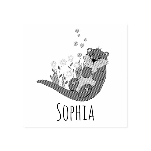 Girls Cute Otter Cartoon Flowers & Name Bookplate Rubber Stamp (Imprint)