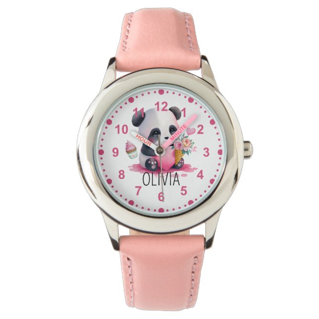 Girls Cute Panda Bear Flowers Pink Custom Name Watch (Front)
