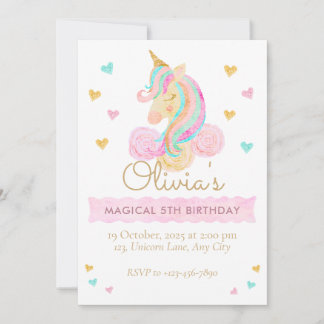 Girls Cute Pastel Unicorn Magical Birthday Invitation