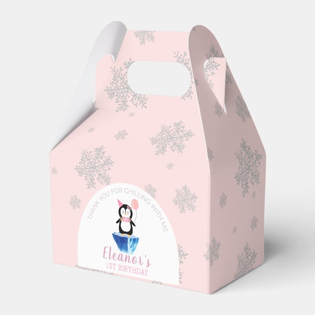 Girls Cute Penguin Winter Pink Birthday Thank You Favour Box (Front Side)