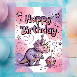 Girls Cute Personalised Dinosaur Birthday Postcard
