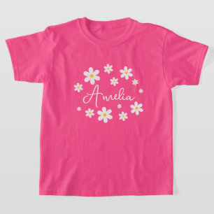 Girls Cute Personalised Floral Daisy Pink T-Shirt
