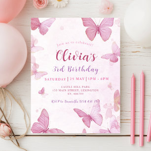 Girls Cute Personalised Pink Butterfly Birthday Invitation