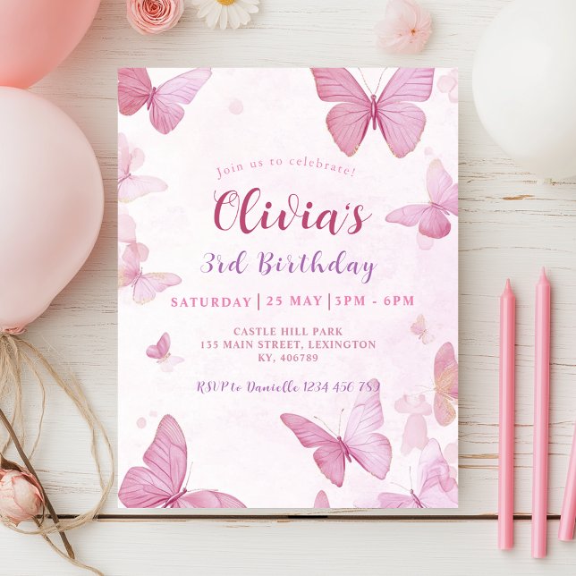 Girls Cute Personalised Pink Butterfly Birthday Invitation (Creator Uploaded)