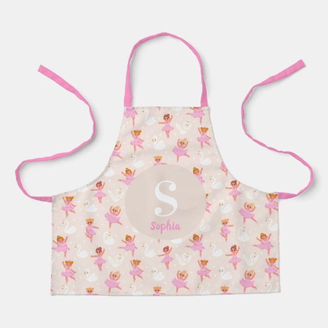 Girls Cute Pink Ballerina Pattern Personalised Apr Apron (Front)