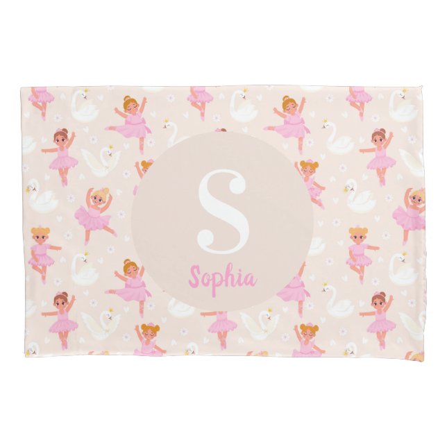 Girls Cute Pink Ballerina Personalised Kids Pillowcase (Front)