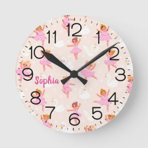 Girls Cute Pink Ballet Dancer Swan Personalised Round Clock