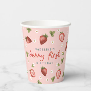 Girls Cute Pink Berry First 1st Birthday Paper Cups