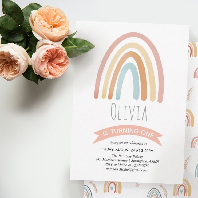 Girls Cute Pink Boho Rainbow First Birthday Invitation (Creator Uploaded)