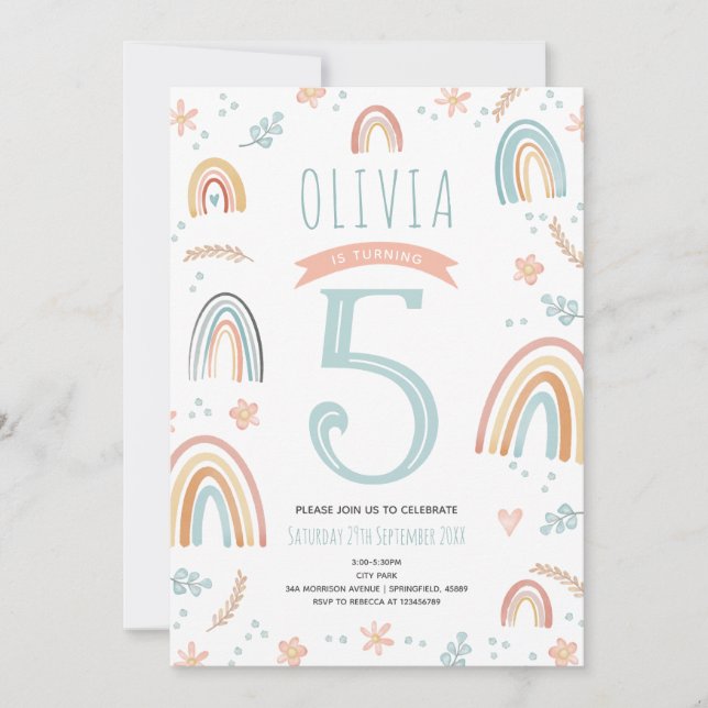 Girls Cute Pink Boho Rainbow Floral Birthday Invitation (Front)